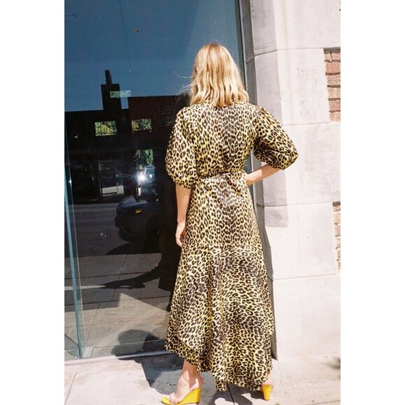 Ganni Bijou Leopard Cotton Wrap Dress Yellow Size 38/ US 6 - Picture 3 of 9